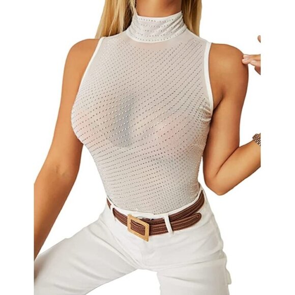 𝅺SHEER Mesh Turtleneck See Through Leotard Bodysuit Body Top Sexy Stretchy NWT - Picture 1 of 7
